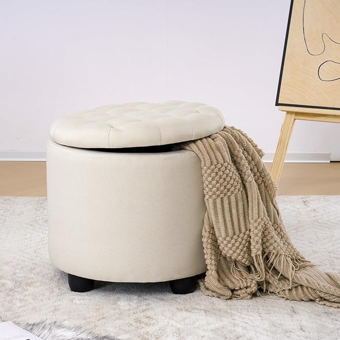 Furniliving Modern Round Storage Ottoman,Button Tufted Ottoman Foot Stools Ottoman Footstool with Removable Lid Storage Ottoman for Living Room, Bedroom, Makeup Room，Beige