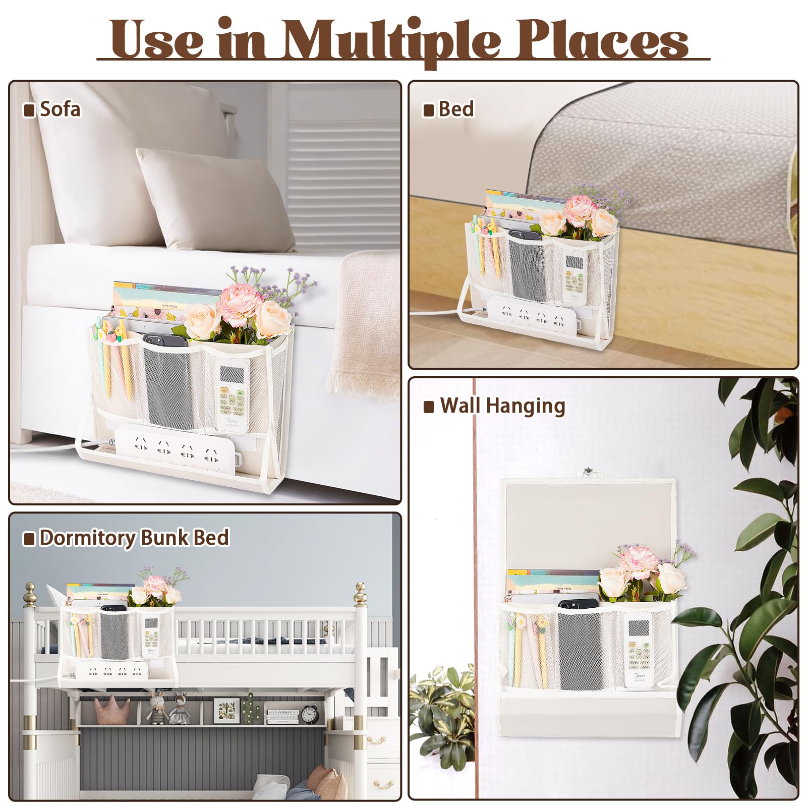 Bedside Caddy Bedside Storage Organizer Bedside Organizer with Power Strip Holder and 2 Adjustable Straps for Home Bunk Bed College Dorm Sofa (White) Dormly