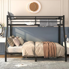 Twin XL Over Queen Bunk Bed, Metal Bunk Bed Frame Heavy Duty Bunk Beds Loft Bed Frame with Ladder and Guardrail Metal Slats No Box Spring Required for Adults Teens, Black