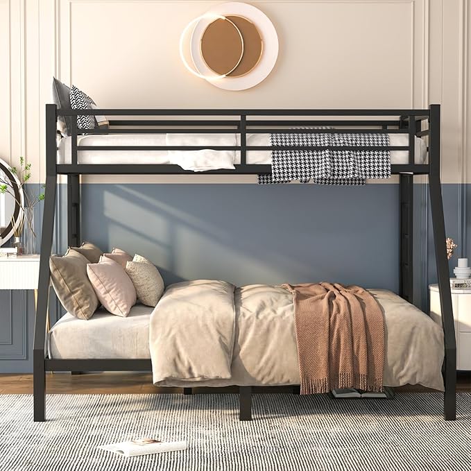 Twin XL Over Queen Bunk Bed, Metal Bunk Bed Frame Heavy Duty Bunk Beds Loft Bed Frame with Ladder and Guardrail Metal Slats No Box Spring Required for Adults Teens, Black