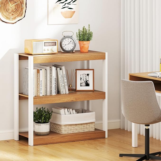 Giantex 3 Tier Bookshelf, Freestanding Wooden Bookcase with Dual Anti-Tipping Kits, Open Display Rack Shelving Unit, Storage Organizer for Living Room, Bedroom & Study (1,Natural & White)