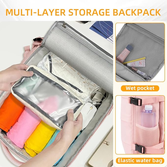 Travel Backpack For Women Men Airline Approved Carry On Backpack, Waterproof Outdoor Sports Rucksack Weekender Overnight College Business Backpack Fits 17 Inch Laptop - Pink