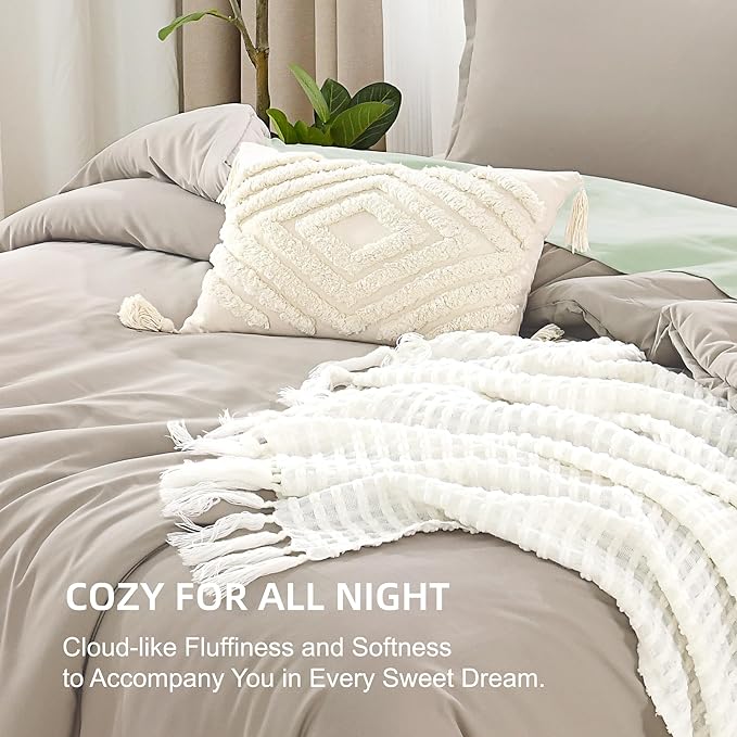 Litanika Comforter Set, Lightweight Solid Bedding Comforter Set, Fluffy Down Alternative Bed Set, Dark Oatmeal, Super King