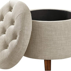 Amazon Basics Round Linen Ottoman with Storage, Tufted Upholstered Footstool for Living Room and Bedroom, 20