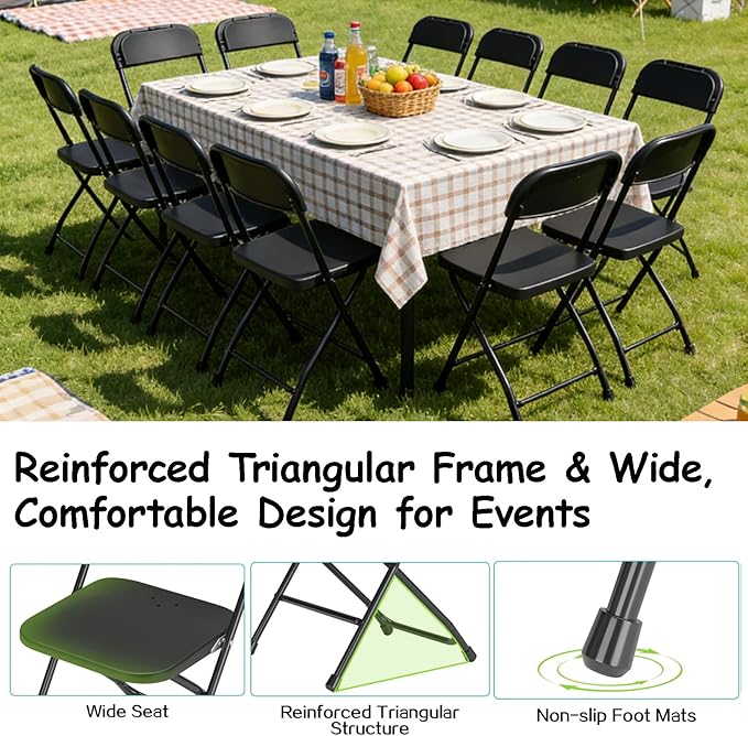 SHGJ&SOFT Set of 4 Folding Chairs, Plastic Seat and Backrest, Black Metal Frame Chair, Suitable for Indoor and Outdoor,Capacity 350 lbs (Black, 4-Pack)