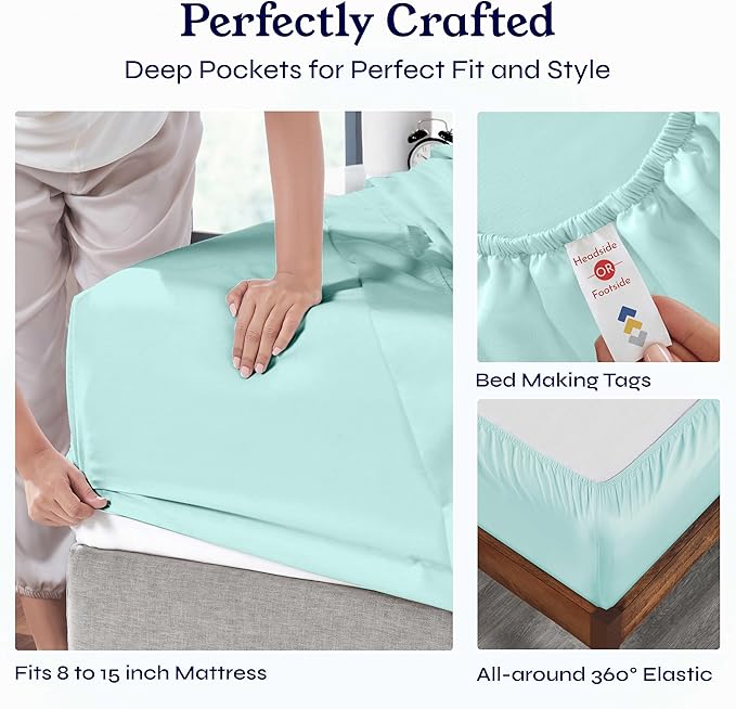 California Design Den Soft Twin Sheets Set - 400 Thread Count Sateen, 100% Cotton Sheets, Deep Pockets, and Durable Bedding Set for Dorm Rooms & Adults - Seafoam