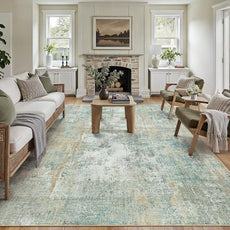 9x12 Area Rug Teal Beige Abstract Living Room Bedroom Washable Carpet Neutral Modern Non-Slip Soft Low Pile Lightweight Vacuumable Large Throw Rug for Dining Room