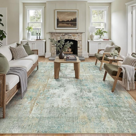 9x12 Area Rug Teal Beige Abstract Living Room Bedroom Washable Carpet Neutral Modern Non-Slip Soft Low Pile Lightweight Vacuumable Large Throw Rug for Dining Room
