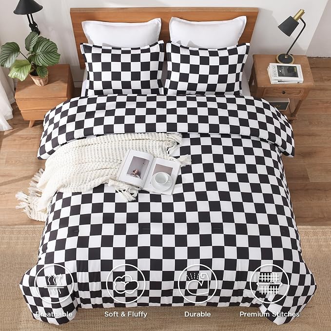 Andency Checkered Comforter Queen(90x90Inch), Black White Plaid Gingham Buffalo Grid Bed Set for Boys Kids Teens, 3 Pieces Lightweight Microfiber Geometric Preppy Bedding