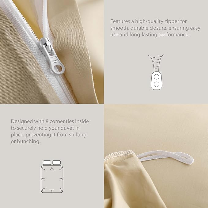 HeimenAogo Egyptian Cotton Duvet Cover Queen Size Sateen Weave, Silky Soft and Breathable Bedding Set with Zipper Closure, Extra-Long Staple Cotton Comforter Cover Cream 3Pcs 90"×90"