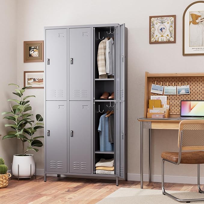 Aobabo Combination Lock Metal Storage Locker for Employees, 6 Doors Lockable Storage Locker with 18 Hooks for Office Gym School, Dark Grey, Assembly Required
