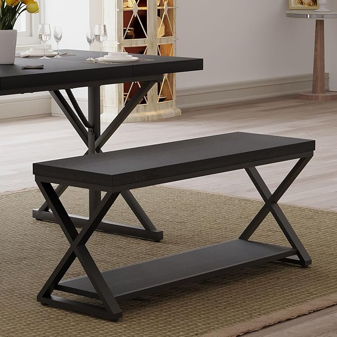 IBF Black Bench for Entryway, Black Modern Wood Bench for Bedroom Hallway Foyer, Farmhouse Entry Way Home Organizer Shoe Bench Seat with Storage Rack Indoor Under Window, 39 Inch Long