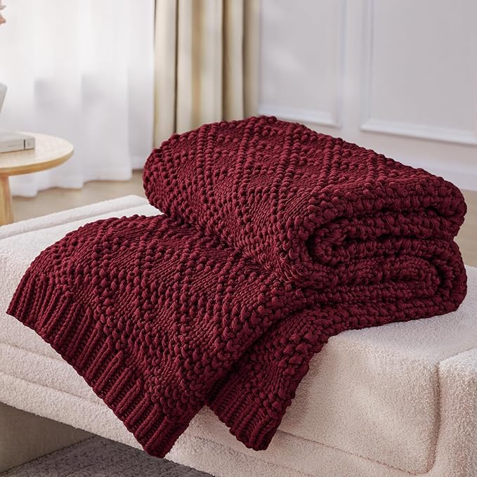 Knitted Weighted Blanket for Adult, Chunky Knit Weighted Throw for Sleep 60"*80" 17lbs, Cooling Breathable Machine Washable Heavy Blanket for Room Decor (Red, Queen)