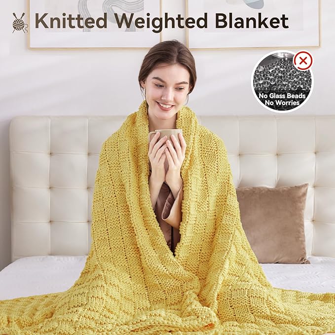 Knitted Weighted Blanket for Adult, No Beads Heavy Blanket 60” x 80'' 20lbs, Breathable Chunky Knit Blanket, Cooling Weighted Blanket for Hot Sleepers, Christmas Home Decor (Yellow)