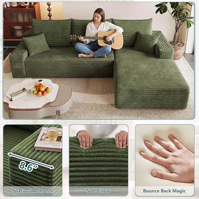 95" Modular Sectional Couch, Boneless L Shaped Cloud Sofa with Chaise Lounge, Corduroy Upholstered Couches Memory Foam Deep Seat, No Assembly Required, Ideal for Living Room(Green, Right Facing)