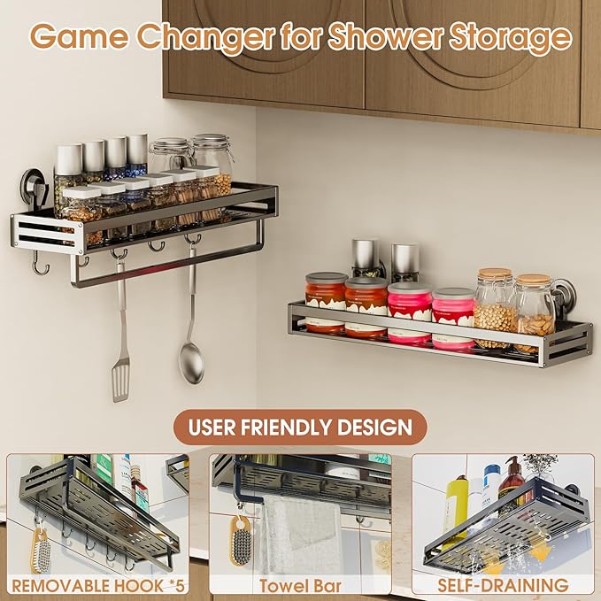 Shower Caddy Suction Cup,15.7 inch Suction Shower Shelf with Hooks NO-Drilling Bathroom Holder, Rustproof Bathroom Organizer, Dark Grey