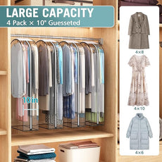 Clear Garment Bag for Hanging Clothes 10” Gusseted, 50” Suit Bags for Open Closet Storage Plastic Clothes Cover for Coat, Dress, Shirts, Fur, Jacket, Wardrobe Protectors, 4 Pack