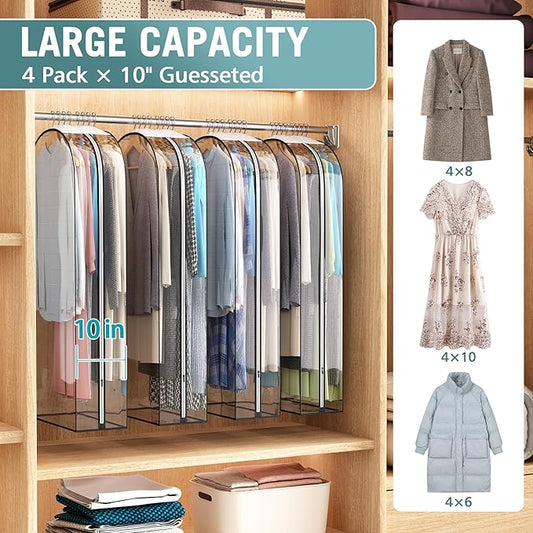 Clear Garment Bag for Hanging Clothes 10” Gusseted, 50” Suit Bags for Open Closet Storage Plastic Clothes Cover for Coat, Dress, Shirts, Fur, Jacket, Wardrobe Protectors, 4 Pack