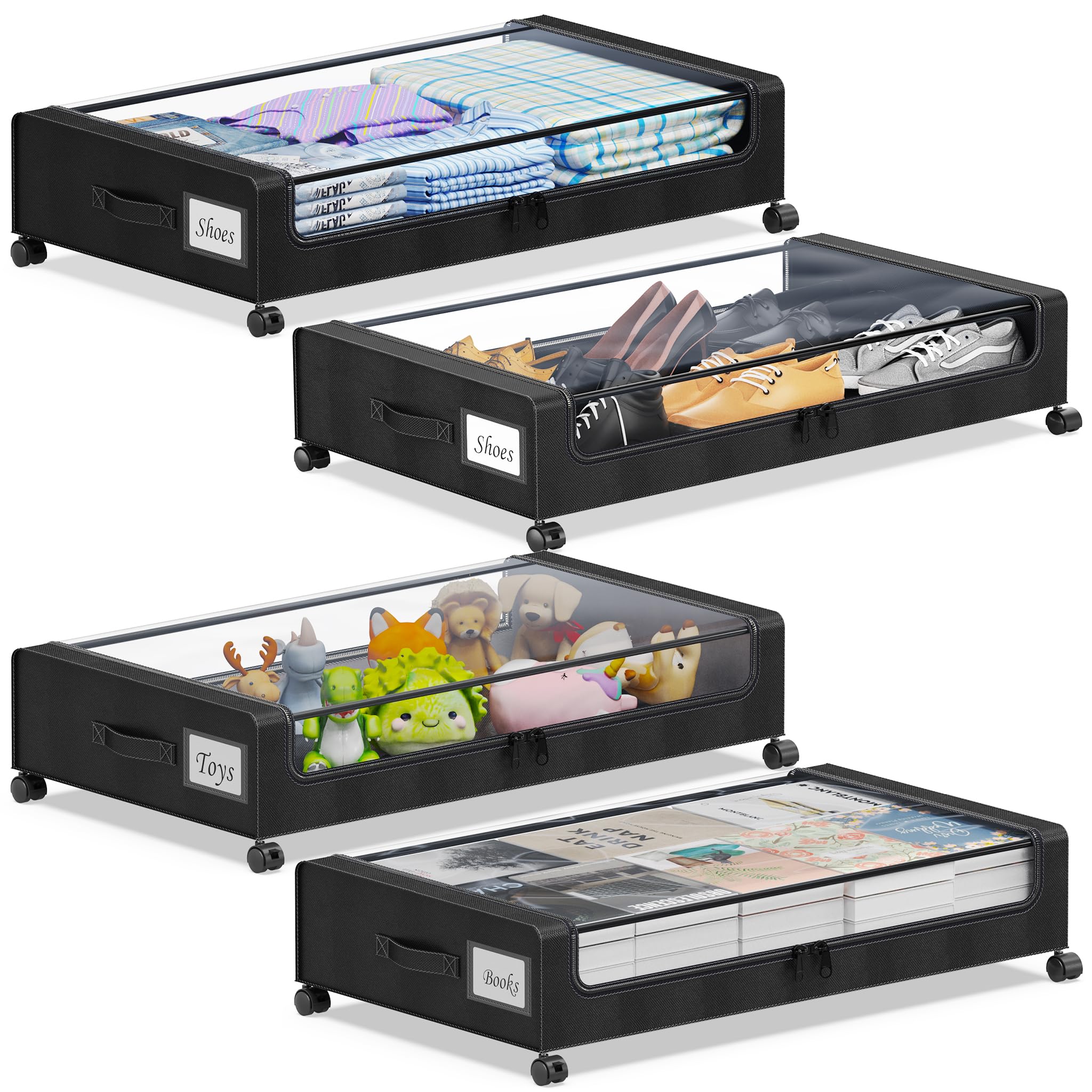 YAASHEEN Under Bed Storage with Wheels, 2-Pack Under the Bed Storage Containers with Clear Lids & Label, Underbed Storage Bins, XXL 60L Rolling Metal Drawer for Clothes, Shoes, Toys, Books - Black Dormly