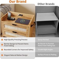 Rattan Nightstand Set of 2, Bedside Table with Type-C Charging Station - 2 Storage Drawer Space, Boho End Table Side Table for Bedroom Office, Large Night Stand with Charging Port