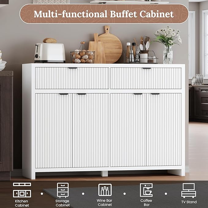 Fluted Sideboard Buffet Cabinet with Storage Drawers, 55" Large Accent Storage Cabinet with Doors and Adjustable Shelf, Modern Farmhouse Credenza for Entryway, Kitchen, Living Room - White