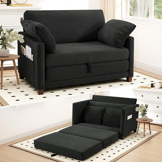 51" Convertible Loveseat Sofa Bed, 2-in-1 Folding Sofa Bed with 2 Pillow for Small Spaces, Modern Loveseat Sleeper Couch for Apartment, Living Room & Guest Room (Black Corduroy, 51 inch)