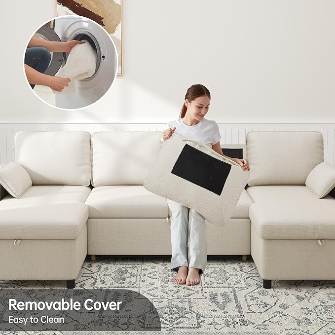 DURASPACE Sofa Bed Pull Out Couch Sleeper with Double Storage Chaise, U Shaped Convertible Sectional Sleeper Sofa for Living Room with USB Charging Ports, Cup Holder (Beige)