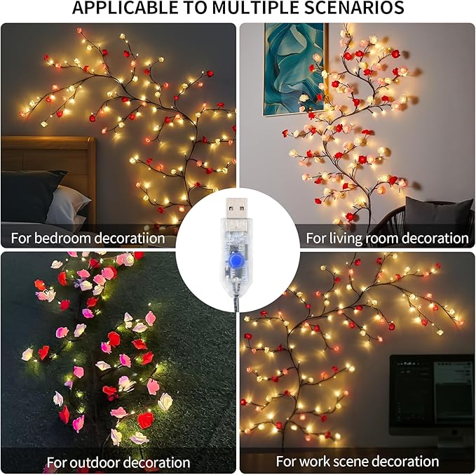 Rose Blossom Enchanted Willow Vine Lights, 7.55FT 144LED 3 Color Rose Blossom Tree Branch Lights for Wall, Remote Timer,8 Light Model,Bedroom Wall Doors Wedding, Christmas, USB Battery Box