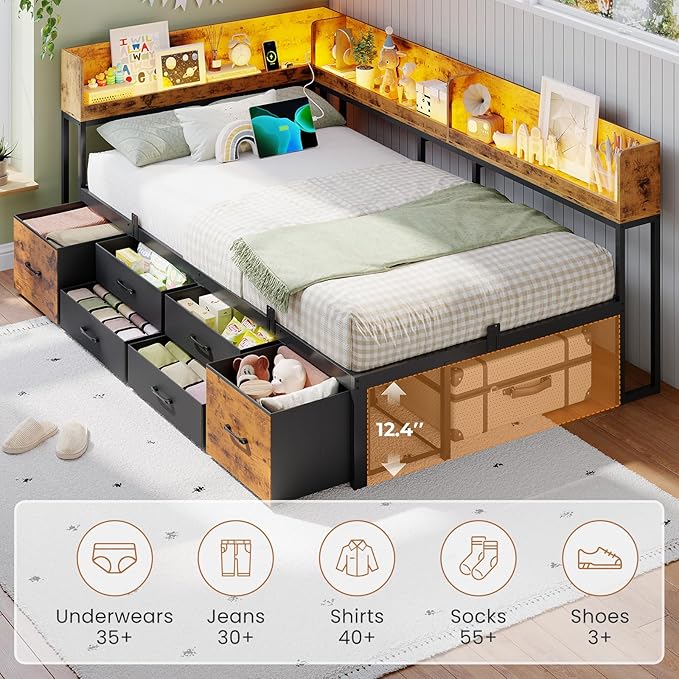 VIAGDO Corner Bed Frame with Storage Bookcase Headboard and 6 Drawers, Twin Metal Platform Corner Bed Frame with LED Lights and Charging Station, Twin Daybed for Kids Teenagers, Rustic Brown & Black