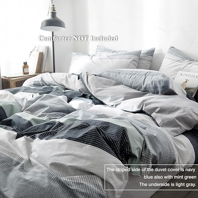 VM VOUGEMARKET Striped Duvet Cover Full,3 Pieces Blue Gray Duvet Cover Sets-100% Cotton Modern Simple Comforter Cover with Zipper for Teens Boys Men-80x90 Inch