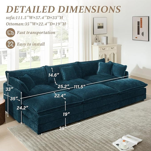 SoarFlash Chenille Sectional Sofa, Comfy Modular Coush Sofa with Ottoman, Modern 3 Seat Recliner Deep Seat Sofa Set for Living Room,Deep Blue