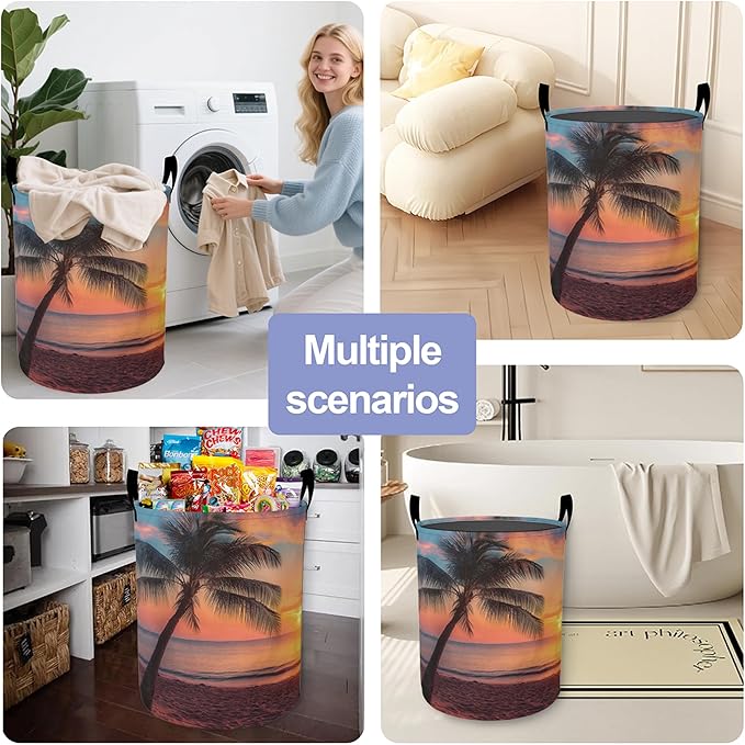 Laundry Basket, Sunset Beach Oxford Cloth Laundry Hamper With Handle Foldable Portable Clothes Storage Basket Storage Bag For Laundry Room/Bathroom/Bedroom/Dormitories