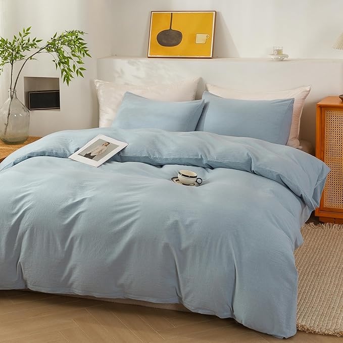 ECOCOTT 100% Washed Cotton Duvet Cover Twin Size – Soft & Breathable Linen Feel Bedding Set, 3 Pieces Light Blue Comforter Cover with Zipper Closure for All Seasons