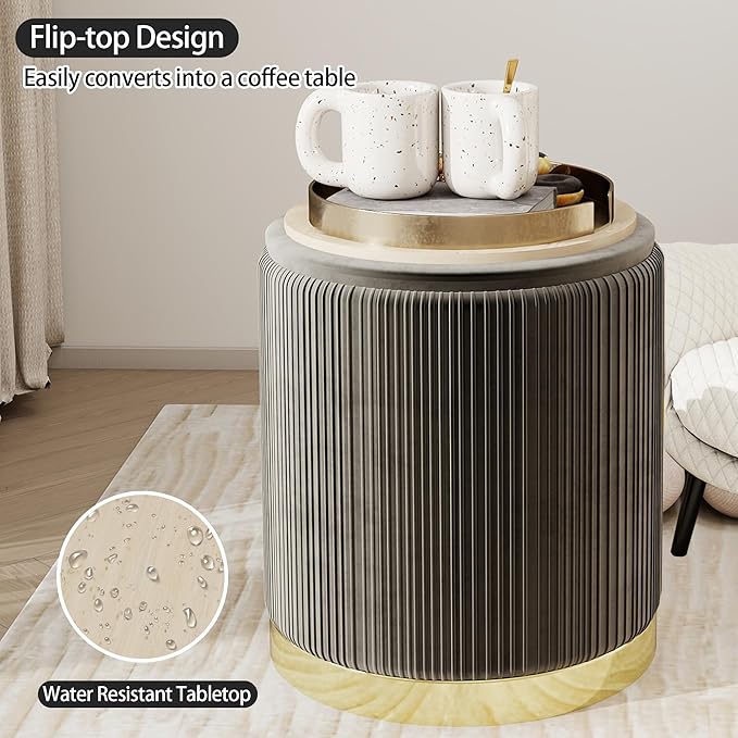 Twira Round Ottoman with Storage Set of 2, Velvet Nesting Ottoman for Living Room,Bedroom,Dorm,RV, Flip-up Lid Coffee Table, Upholstered Makeup Vanity Stool,Multifunctional Foot Rest 330lbs Load Black