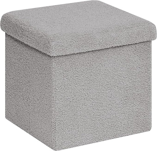 PINPLUS Storage Ottoman Cube Square Shaped Ottomans with Storage Foot Stool Footrest for Lving Room Boucle Ottoman Seat for Dorm Room,Faux Teddy Fur Grey,15"x15"x15"