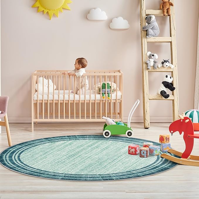 Lahome Abstract Round Rug 6 ft for Living Room, Ultra Thin Washable Soft Circle Bedroom Area Rug, Teal Printed Minimalist Boder Indoor Circular Carpet for Office Dining Room Under Table