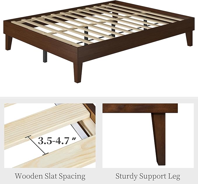 Yaheetech Queen Bed Frame Natural Solid Wood Platform Bed with Wooden Slats Support, 7.3-inch Underbed Space for Storage, Noise-Free Design, Easy Assembly, Dark Walnut Finish