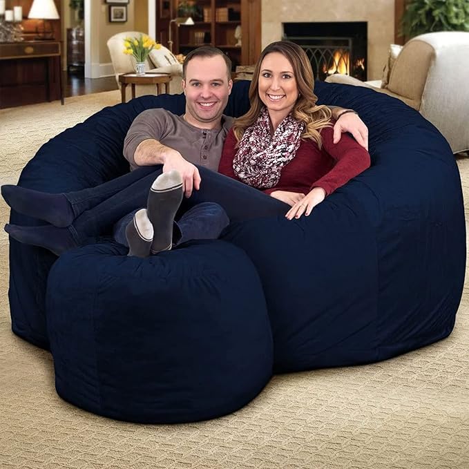 Ultimate Sack 6000 6-Foot Bean Bag Chair with Footstool, Navy Suede Cover – Oversized Foam Lounger, Floor Seat, Small Sofa, or Couch Bed for Living Area, Gaming Room, or Reading Lounge
