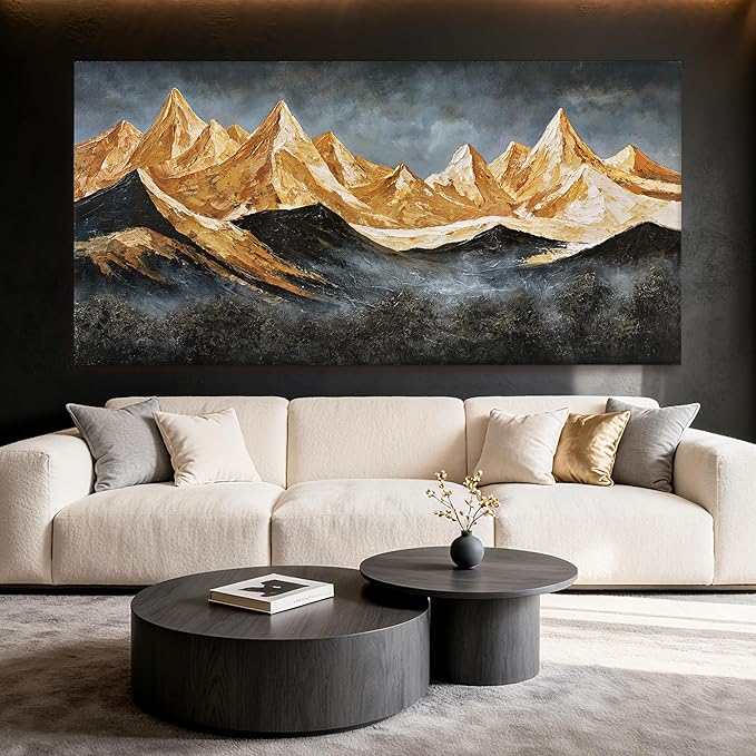 YETHEN WAL Extra-Wide Gold Mountain Wall Art – Oversized Panoramic Landscape Canvas, Textured Mountain Scenery for Living Room Bedroom Office, 29×58 Inch