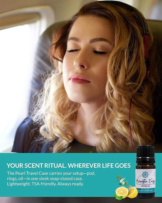 Essence Pearl Travel Case - Wearable Aromatherapy Kit with Nasal Diffuser Rings, Soaking Bay, and 5mL Essential Oil – Portable Wellness Gift Set for On?The?Go Self Care
