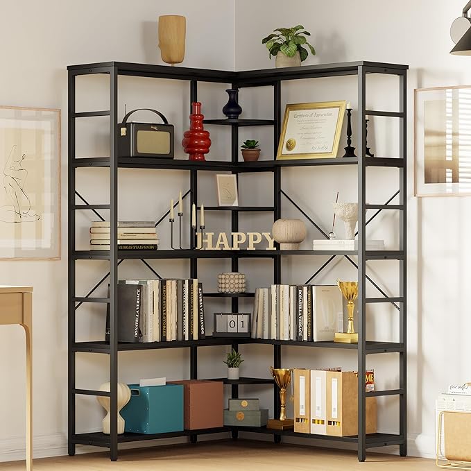 IRONCK Industrial Bookcases and Bookshelves, 5-Tiers Corner Bookcase with Curved Panels, L Shaped Shelf with Metal Frame for Open Storage for Living Room Home Office, Black