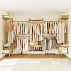 U5 Wall Mounted Closet System, Industrial Pipe Clothing Rack Garment Racks for Hanging Clothes, Heavy Duty Closet Organizers System in Wardrobe Closet, Gold