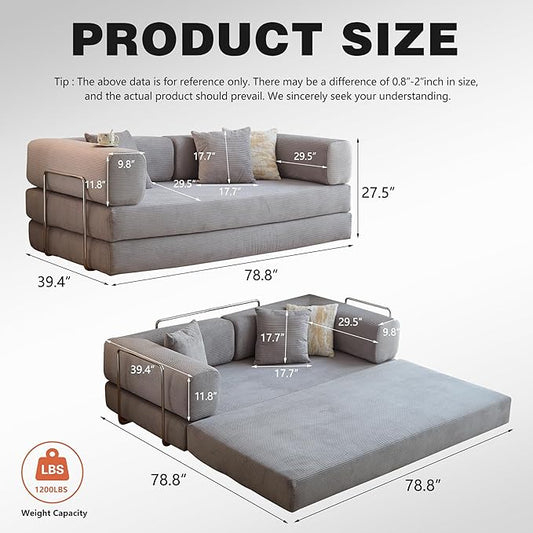 78.8" Convertible Sofa Bed - Compression Sofa with Corduroy Fabric - with Armrests and Backrest - Modular Sectional for Living Room, Bedroom, Studio - Compression Sofa in Box (Grey)
