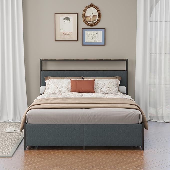 Panana 14 Inch Queen Size Bed Frame,Industrial Metal Platform Bed Frame with 2 Tier Storage Wooden Headboard and Footboard,4 Storage Drawers,No Box Spring Needed,Black&Grey