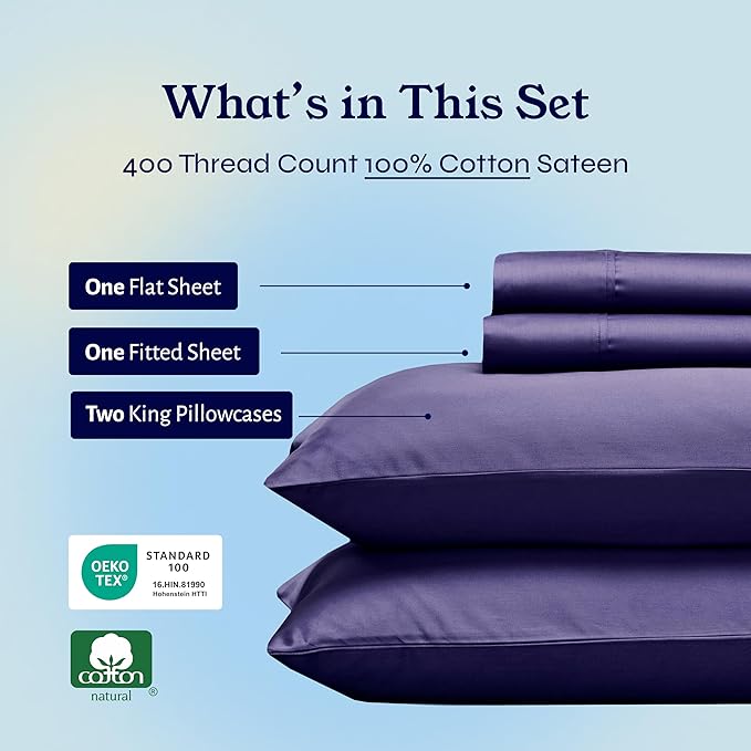 California Design Den King Size Sheets Set - 400 Thread Count Sateen, Natural 100% Cotton Sheets with Deep Pockets, Breathable, and Durable Bedding Set - Purple CaliforniaDesignDen