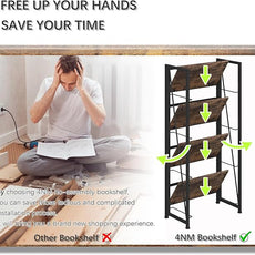 4NM No Assembly Folding Bookshelf Storage Shelves 4 Tiers Vintage Bookcase Standing Racks Study Organizer Home Office (Rustic Brown Black)