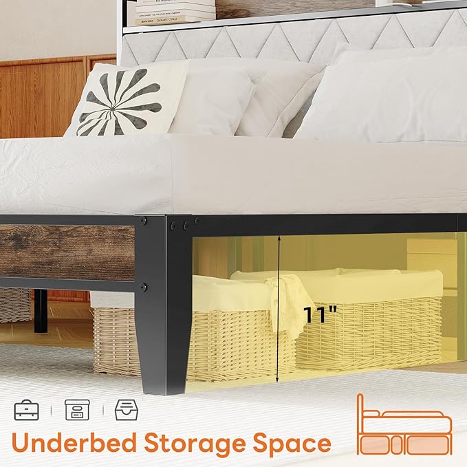 Sweetcrispy Twin Bed Frame with Headboard, Storage Headboard with USB Charging Station, Durable Squeak-Free Frame, Simple No-Tool Assembly,Works with Twin Mattress No Box Spring Needed