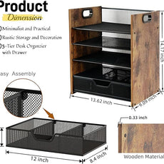 Wood Desk Organizer - 5-Tier Desktop File Organizer with Drawer, Wooden Paper Tray, Office Desk Organzier and Accessories for Papers, Mail, Notebooks, Stationery