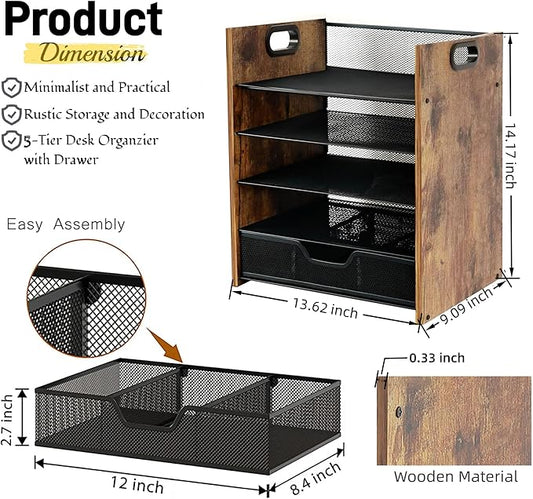 Wood Desk Organizer - 5-Tier Desktop File Organizer with Drawer, Wooden Paper Tray, Office Desk Organzier and Accessories for Papers, Mail, Notebooks, Stationery