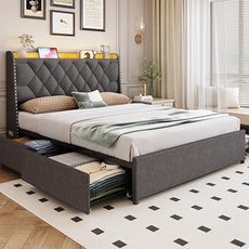 Full Size Bed Frame with 4 Drawers and Storage Headboard, Upholstered Button Linen Platform Full Bed with Led Lights and Handy Charging Station, No Box Spring Needed, Easy Assembly, Noise Free, Grey